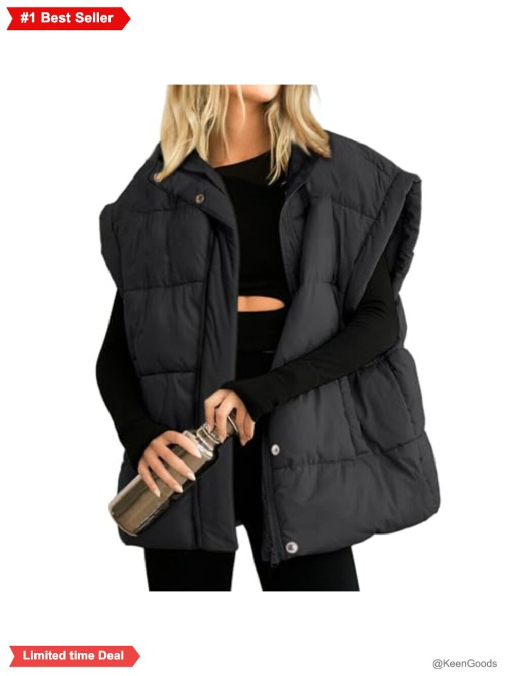 Oversized Quilted Puffer Vest Full Zip Stand Collar Sleeveless Padded